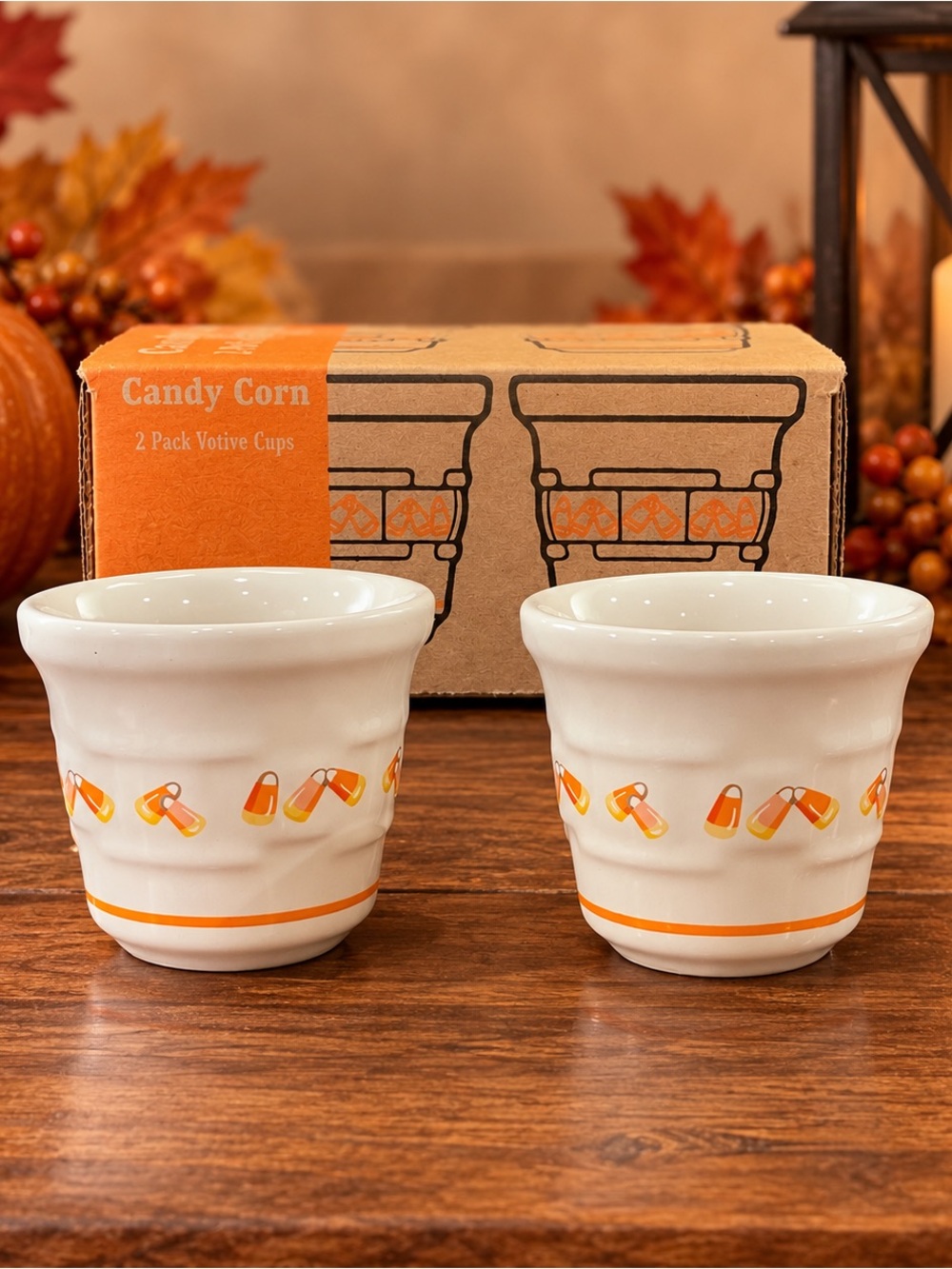 Longaberger Candy Corn Votive Cups Set of 2 with Box 1999 Halloween Pottery USA